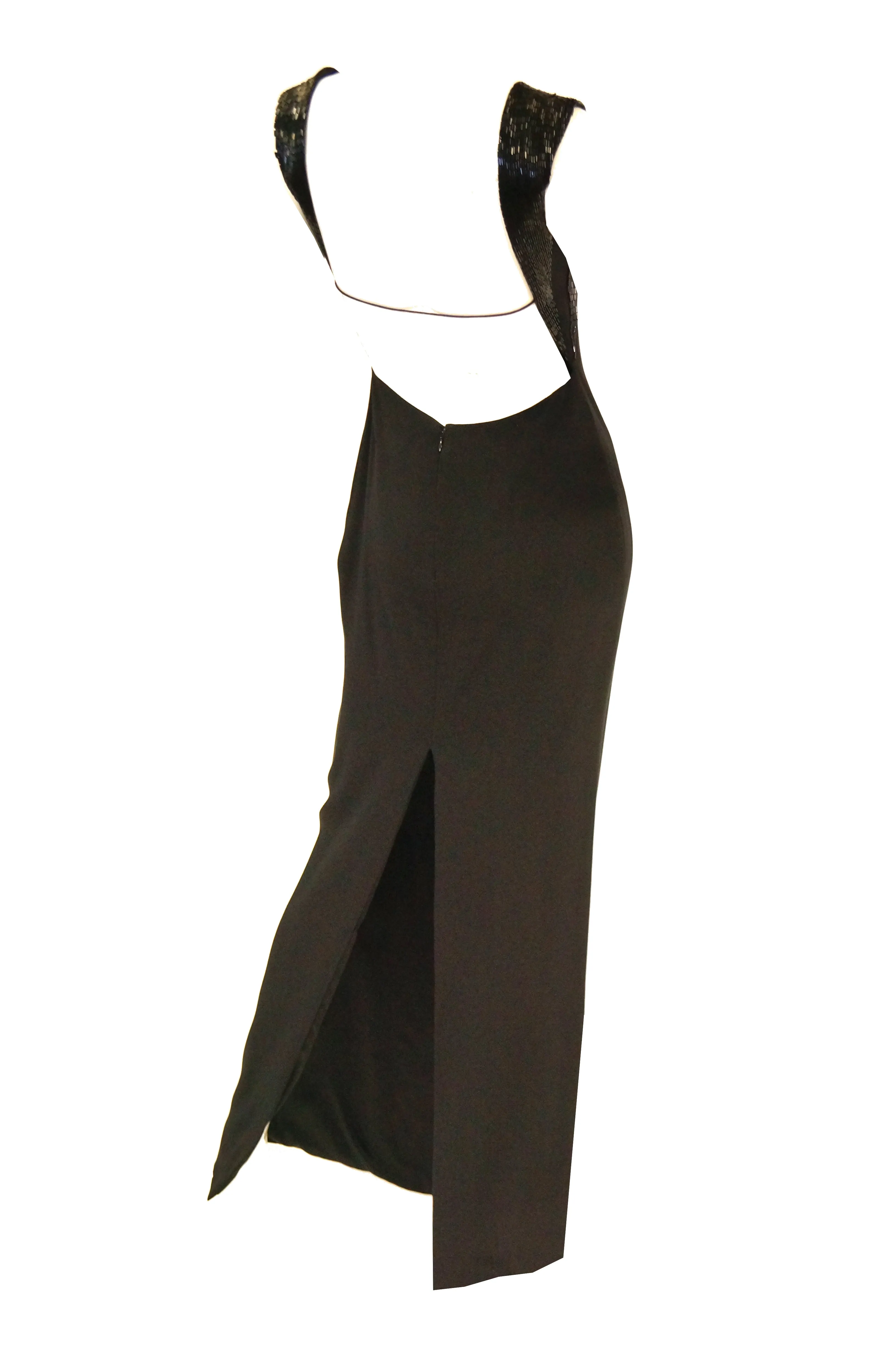 1990s Richard Tyler Couture Black Silk & Sequin Plunge Back Dress