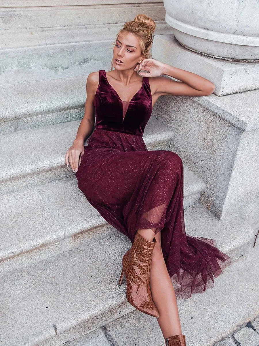 A-Line Maxi Long Velvet Prom Party Dresses for Women