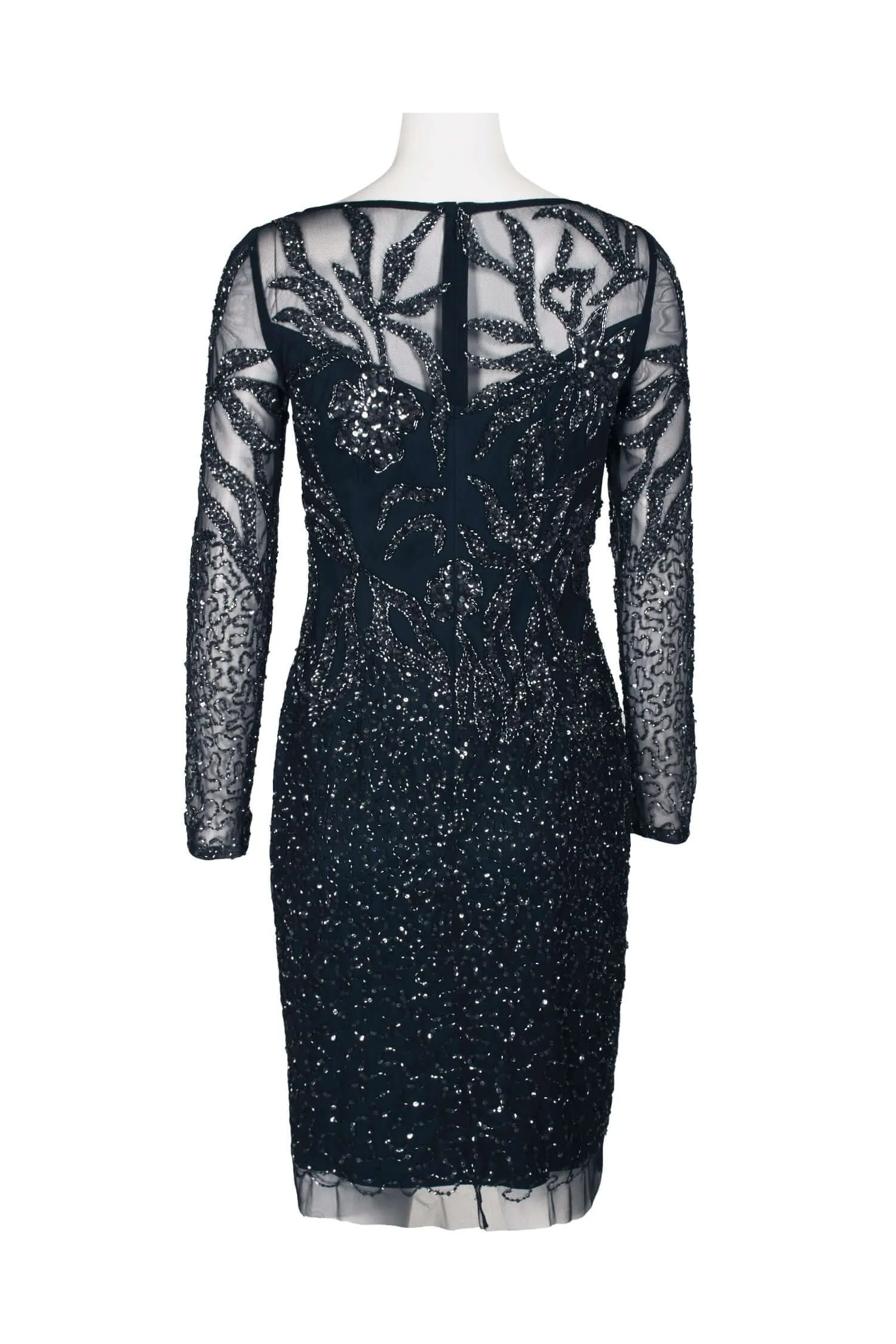 Adrianna Papell Boat Neck Long Sleeve Illusion Sequined Beaded Zipper Back Bodycon Mesh Dress