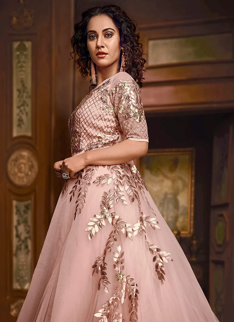 Baby Pink Embroidered Layered Indo Western Gown