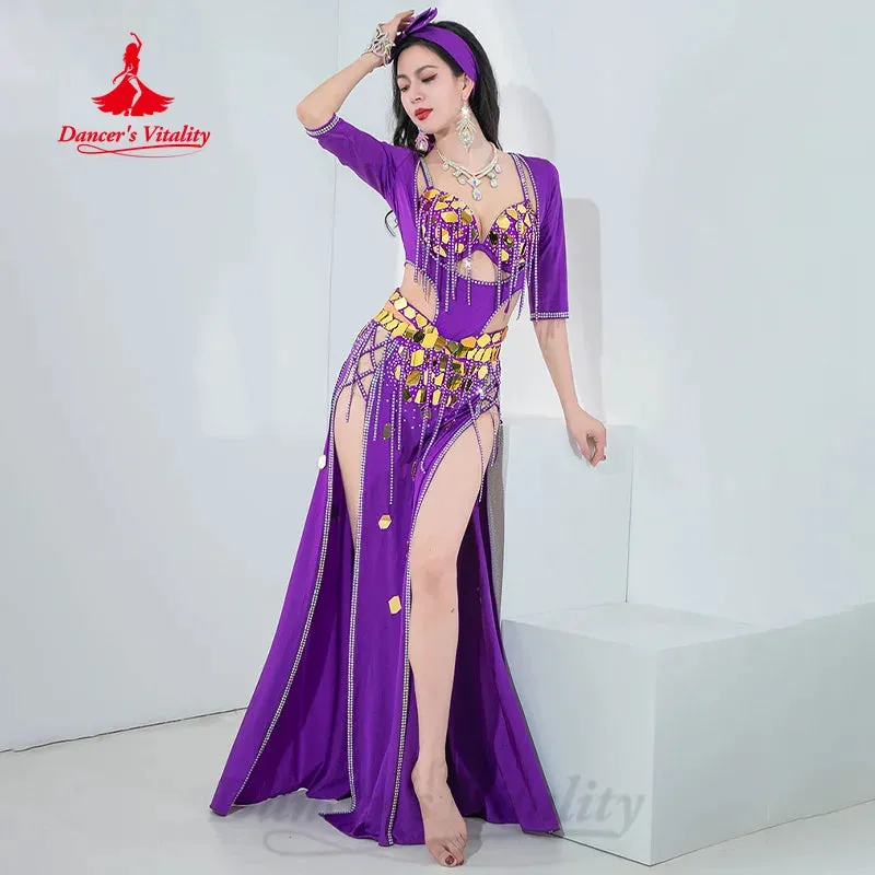 Belly Dancing Performance Set Women's Customized Senior AB Stones Bra Sexy Split Fringe Long Skirt 2pcs Oriental Dance Costumes