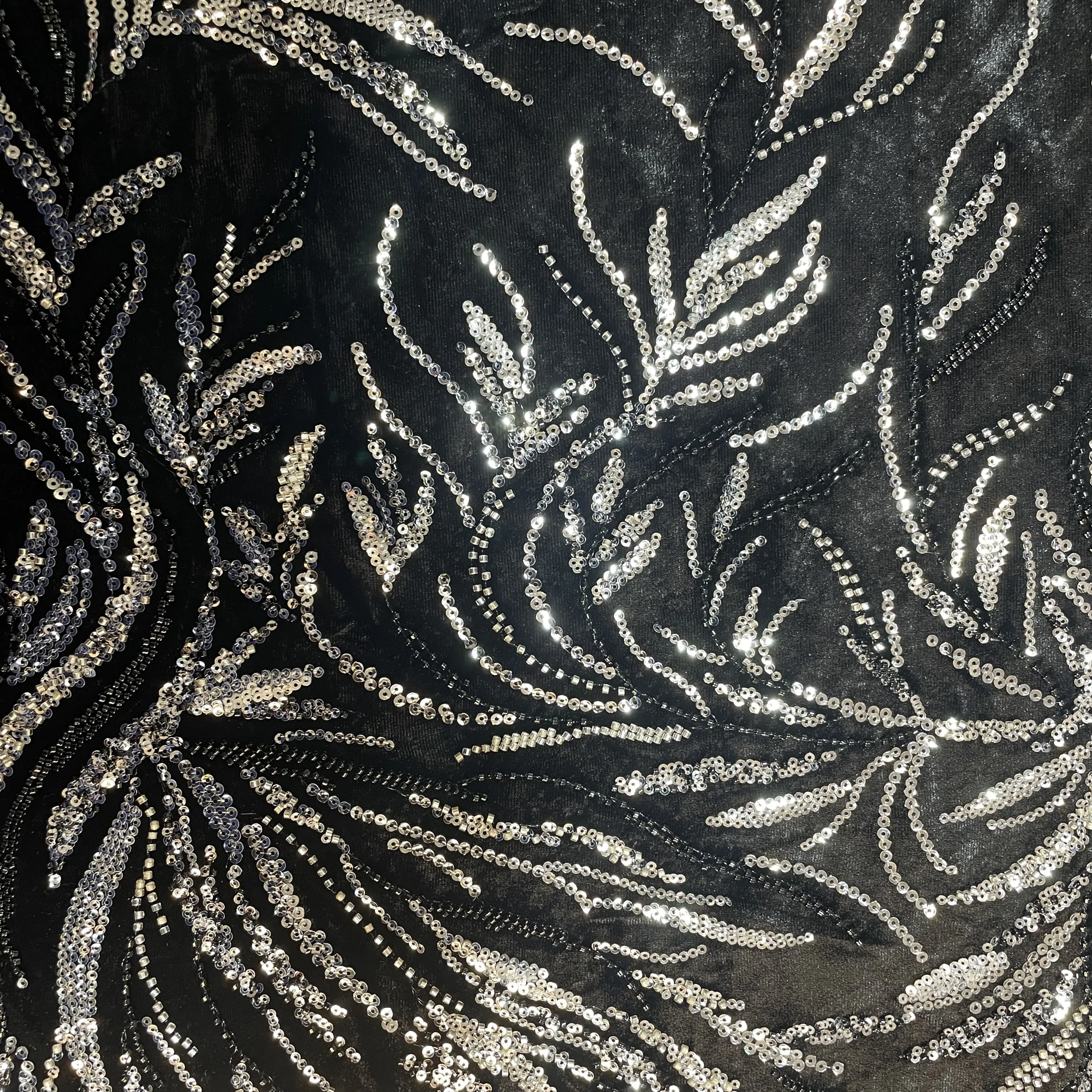 Black Sequins Cutdana Embroidery Velvet Fabric 19983