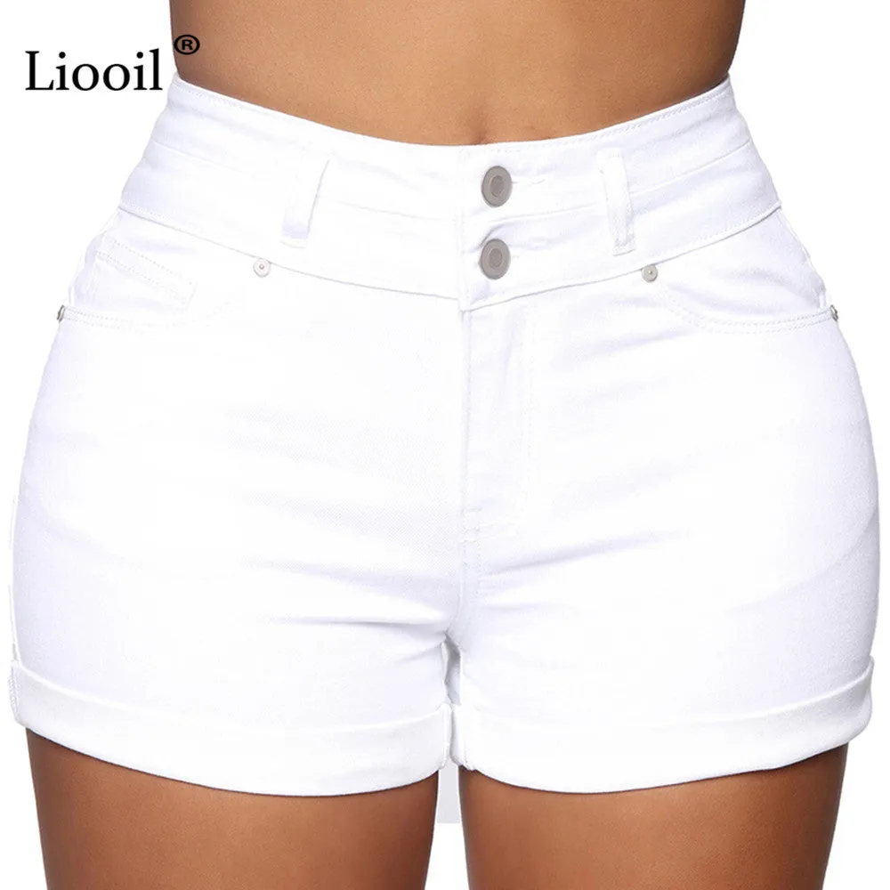 Black White Skinny Curly Jean Shorts High Waist Summer With Pockets Button Up Bodycon Denim Shorts