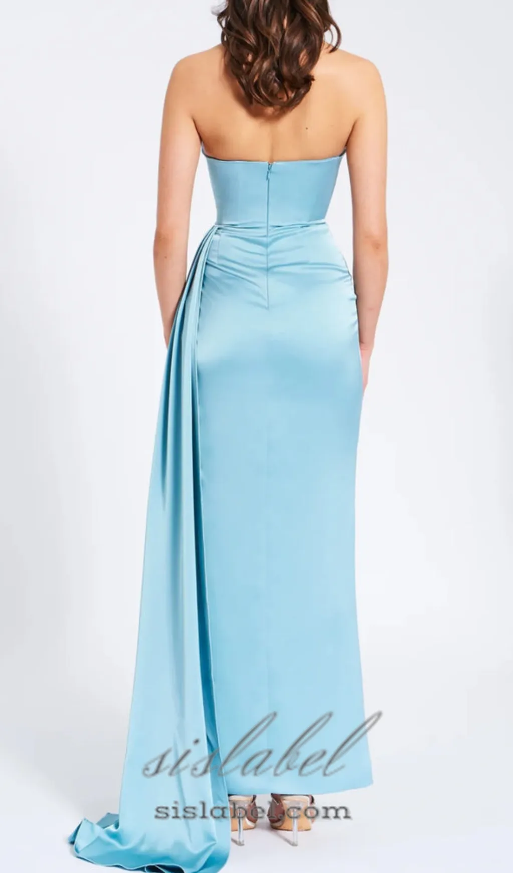 BLUE SATIN CRYSTAL EMBELLISHED HIGH SLIT GOWN