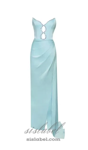 BLUE SATIN CRYSTAL EMBELLISHED HIGH SLIT GOWN