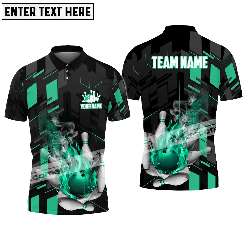 Bowling Ball and Pins Flame Smoke Multicolor Option Customized Name Team Name 3D Polo Shirt