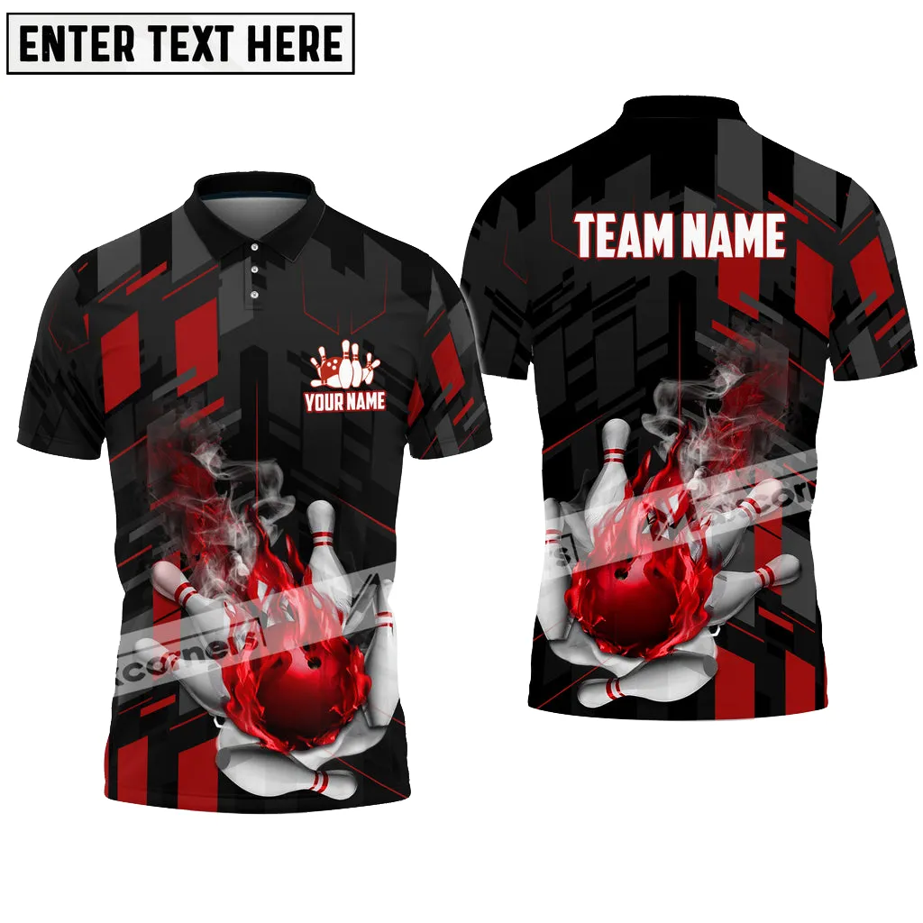 Bowling Ball and Pins Flame Smoke Multicolor Option Customized Name Team Name 3D Polo Shirt