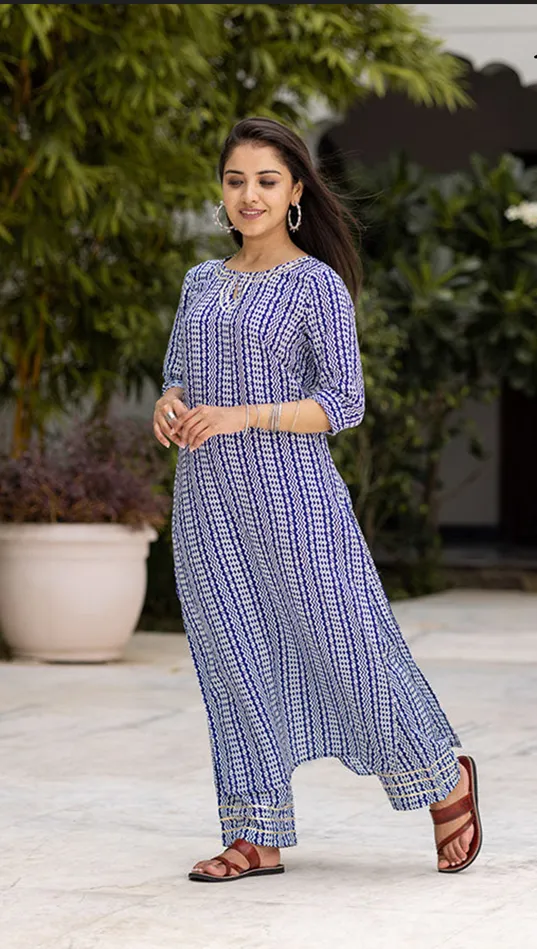 Breezy Blue Muslin Kurti Set with Printed Design - Designer Readymade