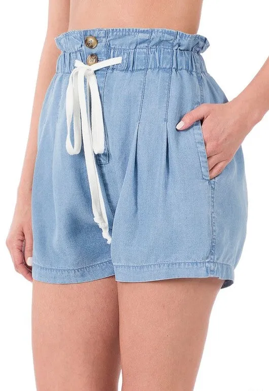 Chambray Ruffle Waist Shorts