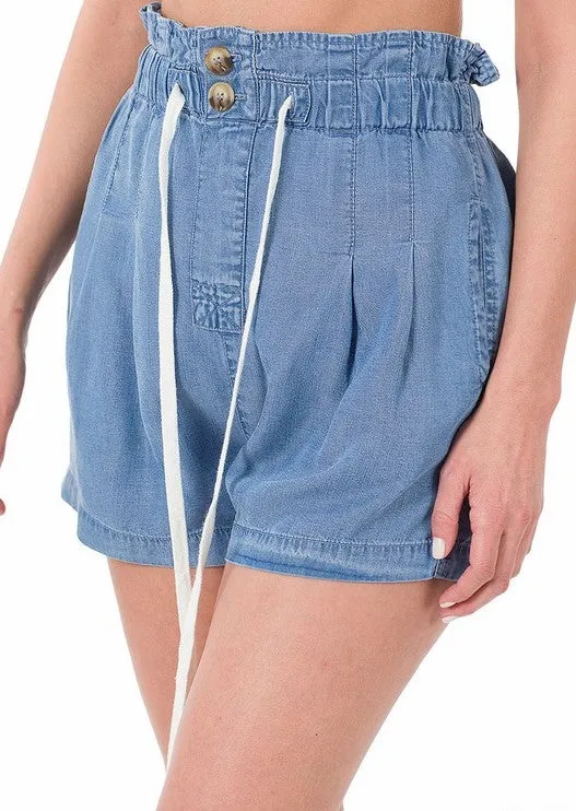 Chambray Ruffle Waist Shorts