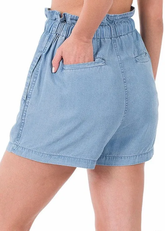 Chambray Ruffle Waist Shorts