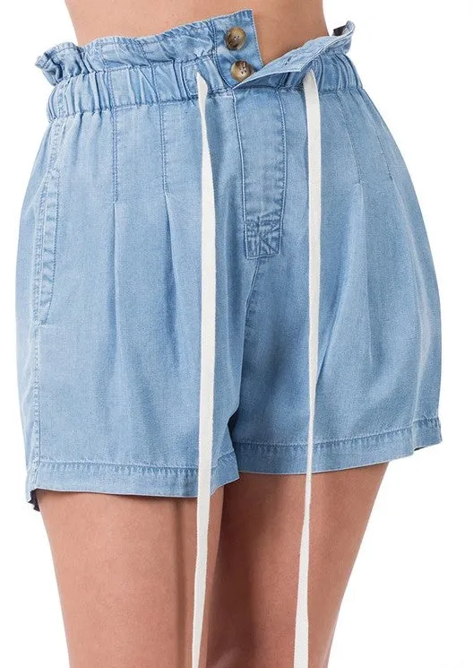 Chambray Ruffle Waist Shorts