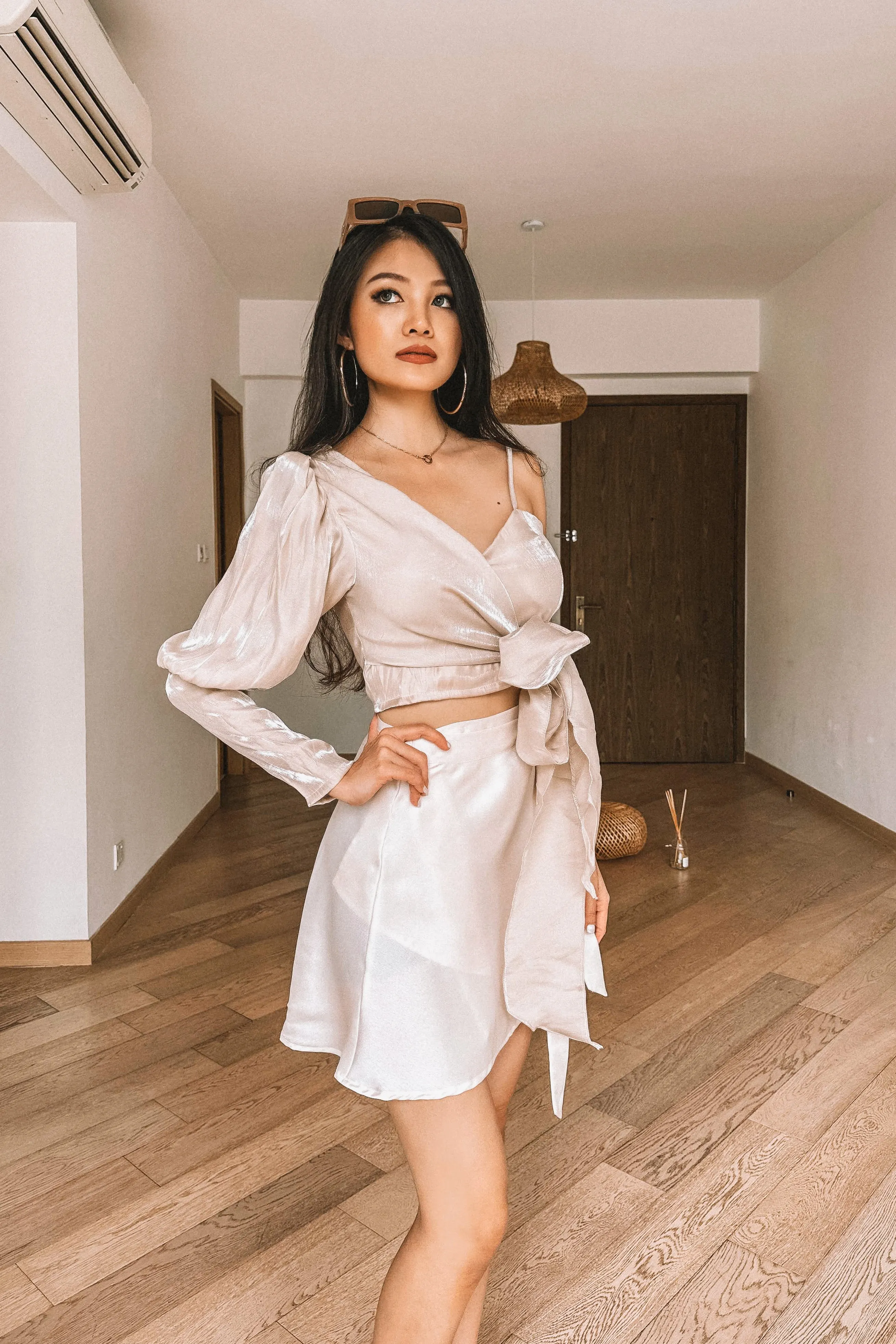 Ciche Satin Flare Mini Skirt in Cream