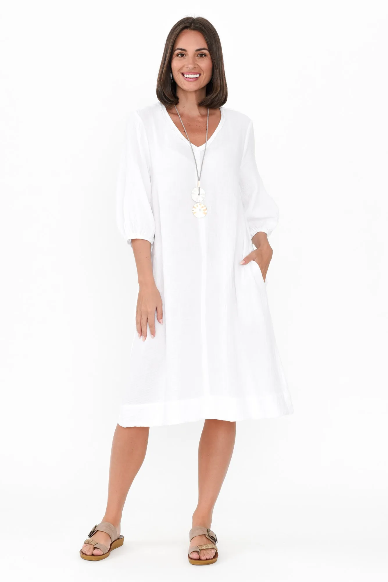 Cordelia White Cotton Cheesecloth Pocket Dress