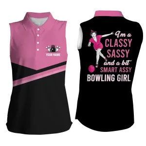 Custom Black Pink Bowling Sleeveless Polo Shirts I'M A Classy Sassy And A Bit Smart Assy Bowling Girl