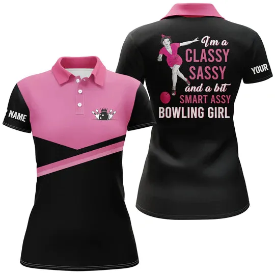 Custom Black Pink Bowling Sleeveless Polo Shirts I'M A Classy Sassy And A Bit Smart Assy Bowling Girl