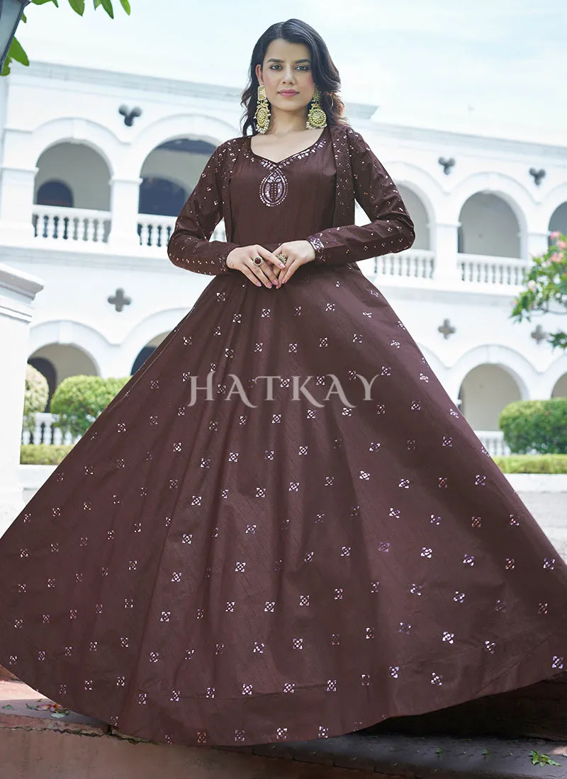 Deep Maroon Sequence Embroidered Jacket Anarkali Gown