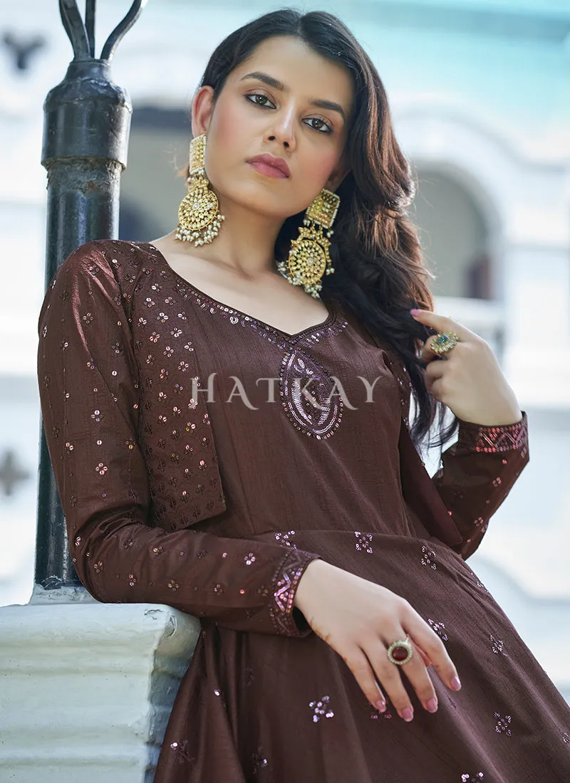 Deep Maroon Sequence Embroidered Jacket Anarkali Gown