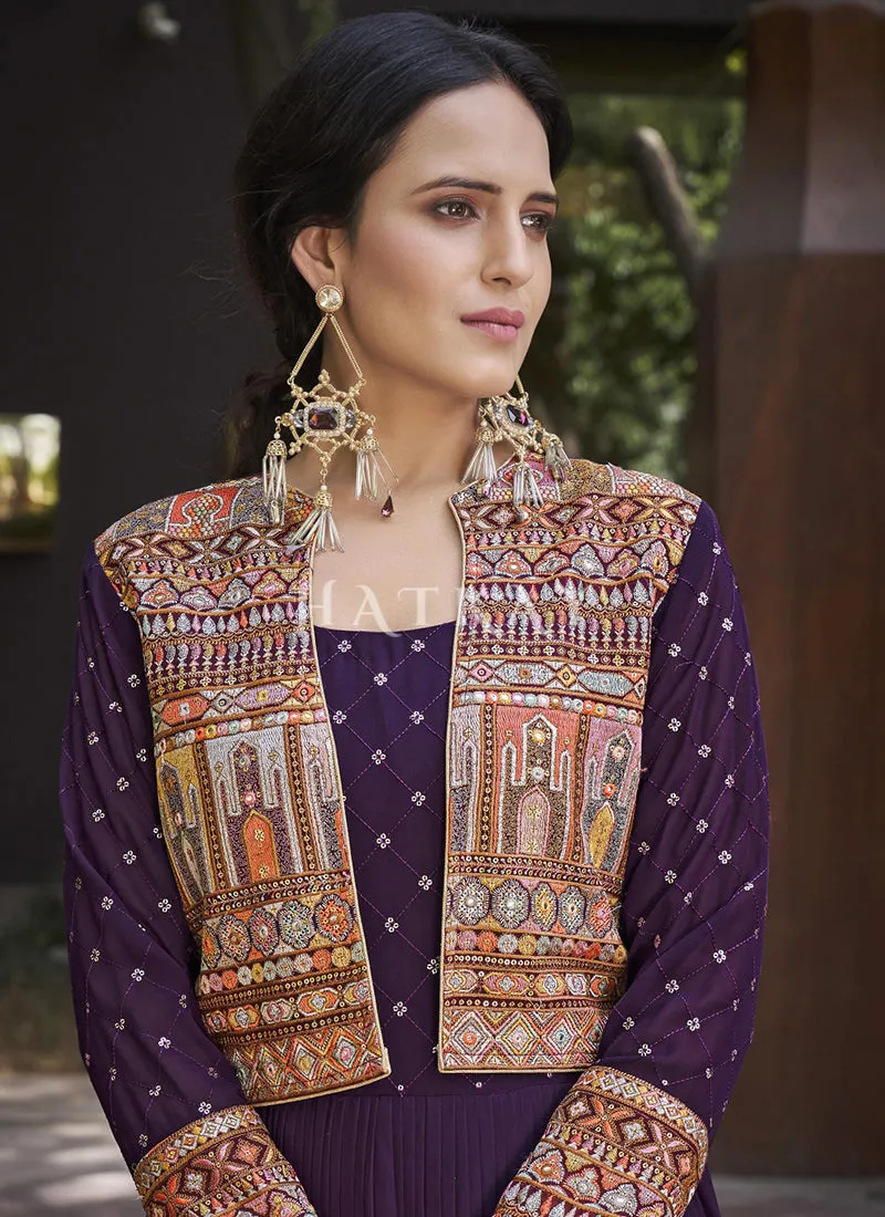 Deep Purple Embroidered Jacket Anarkali Gown