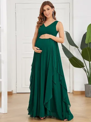 Deep V-Neck Sleeveless Pleated A-Line Maternity Dress