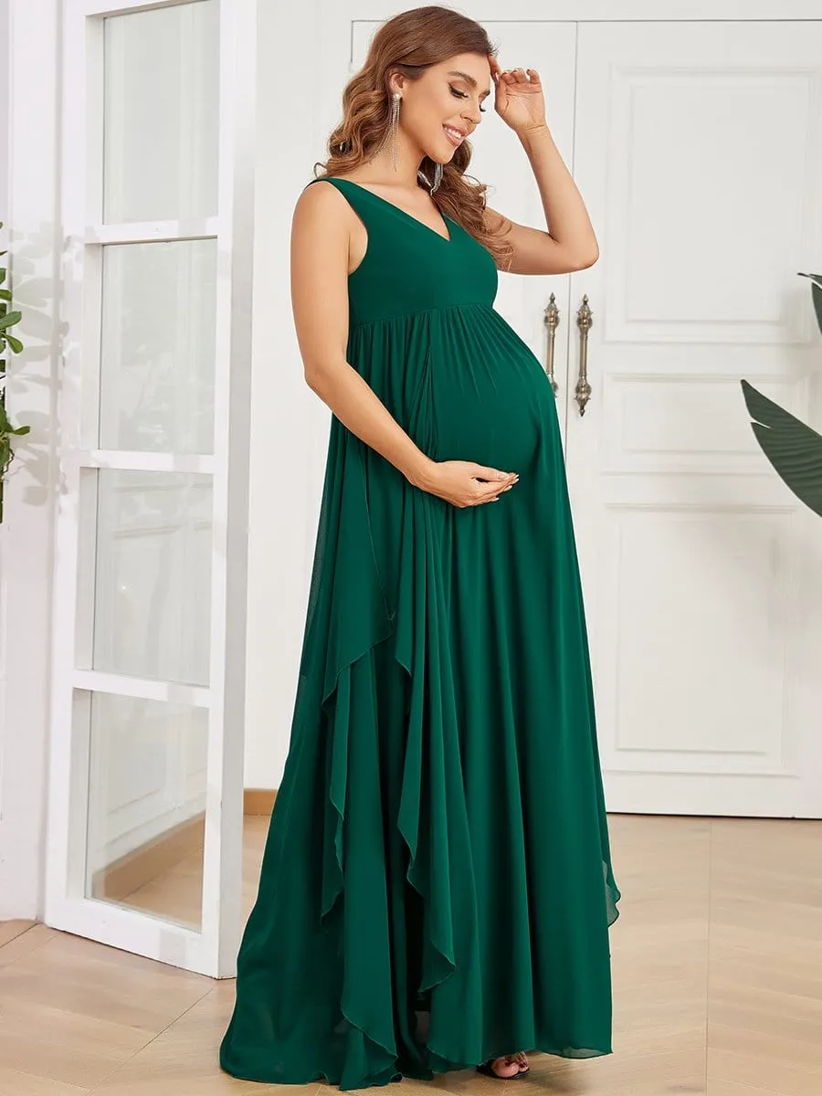 Deep V-Neck Sleeveless Pleated A-Line Maternity Dress