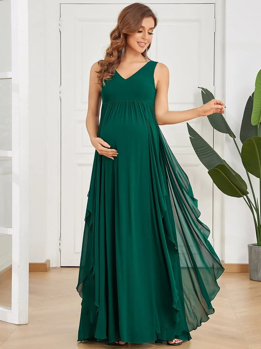 Deep V-Neck Sleeveless Pleated A-Line Maternity Dress