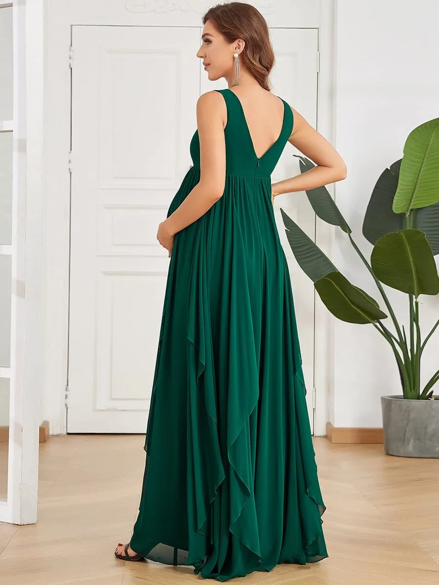 Deep V-Neck Sleeveless Pleated A-Line Maternity Dress