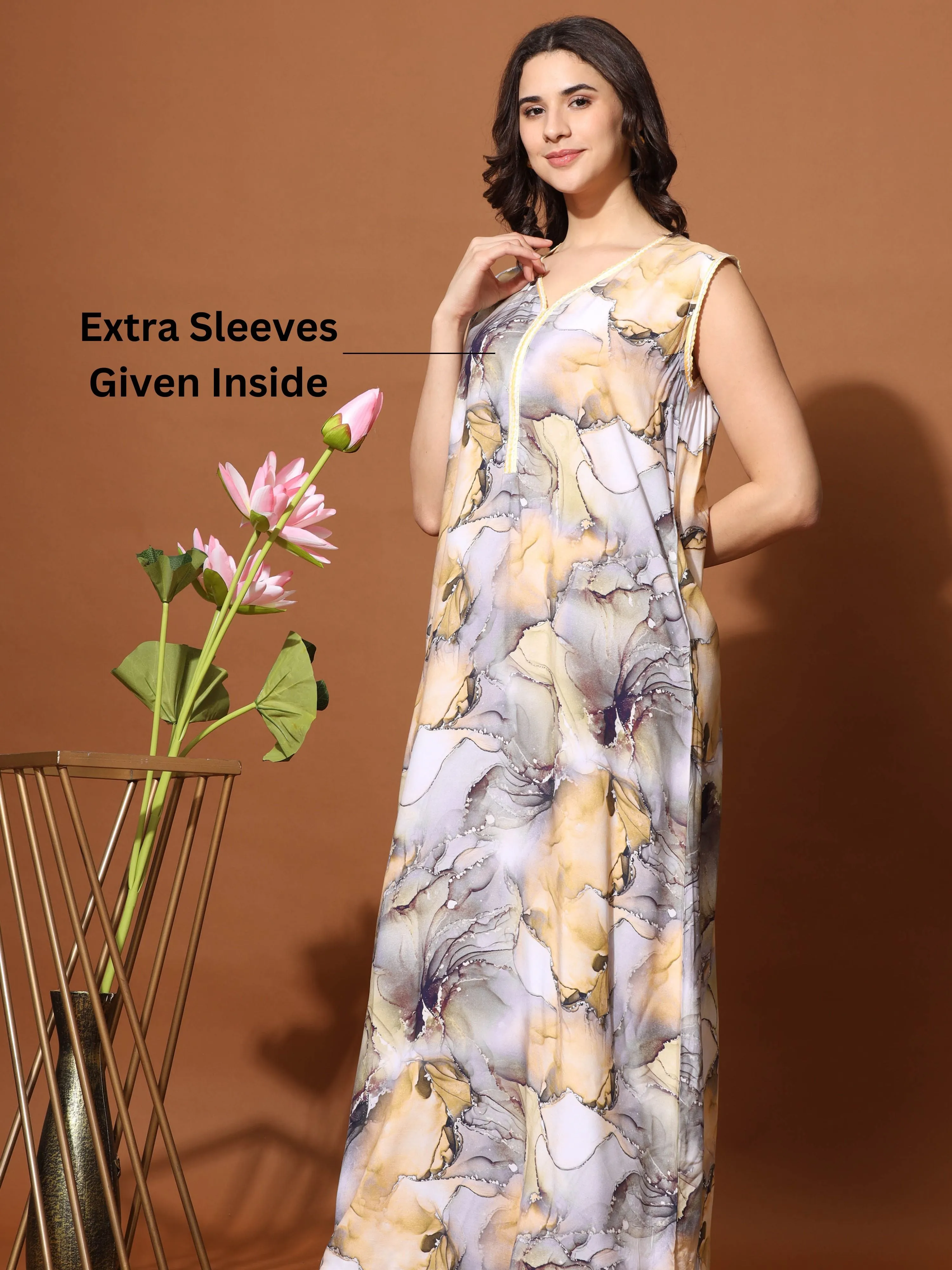 Dream in Fashion: Sleeveless Yellow Grey Maxi Nighty for Women