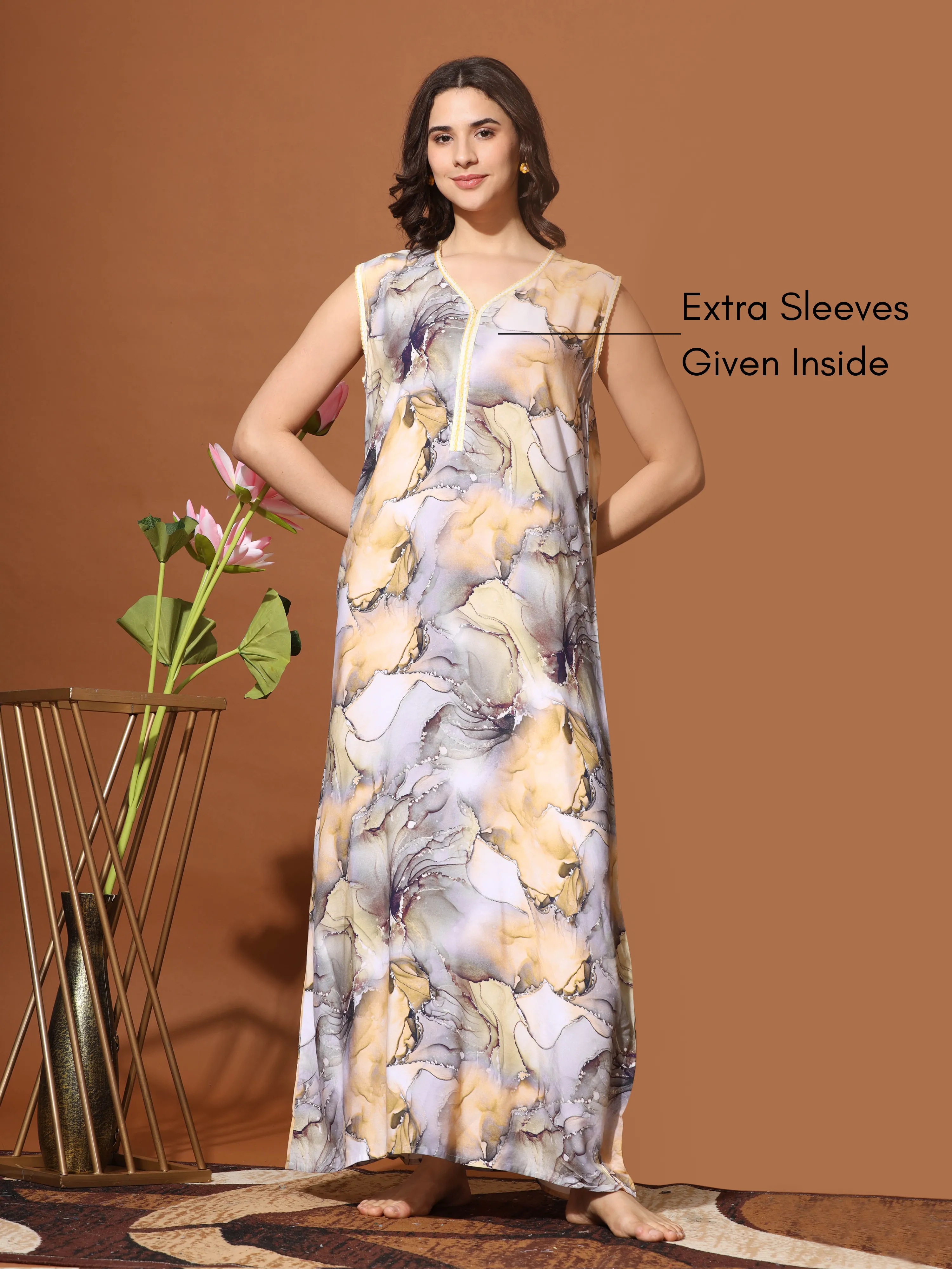 Dream in Fashion: Sleeveless Yellow Grey Maxi Nighty for Women