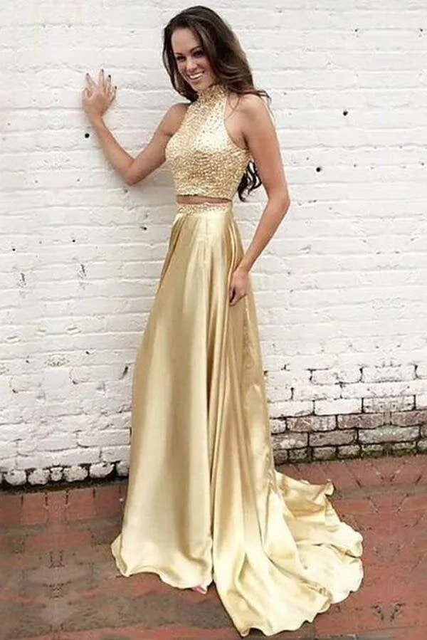 Gold Open Back Two Piece Prom Dress, A-line Satin Formal Gown