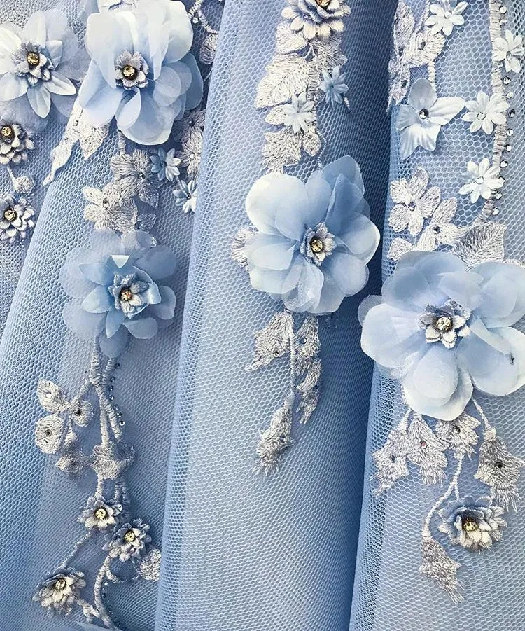 Gorgeous Off-the-Shoulder Blue Prom Dresses | Flowers Long Evening Gowns