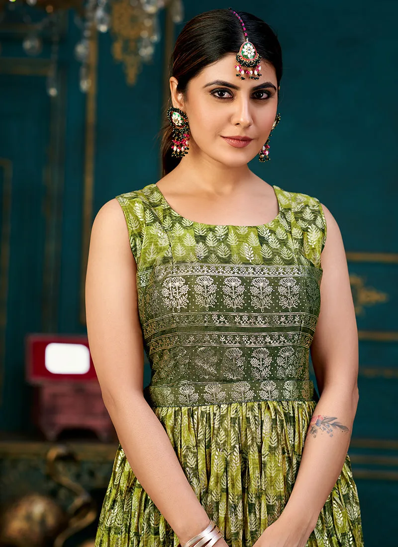 Green Printed Traditional Anarkali Gown