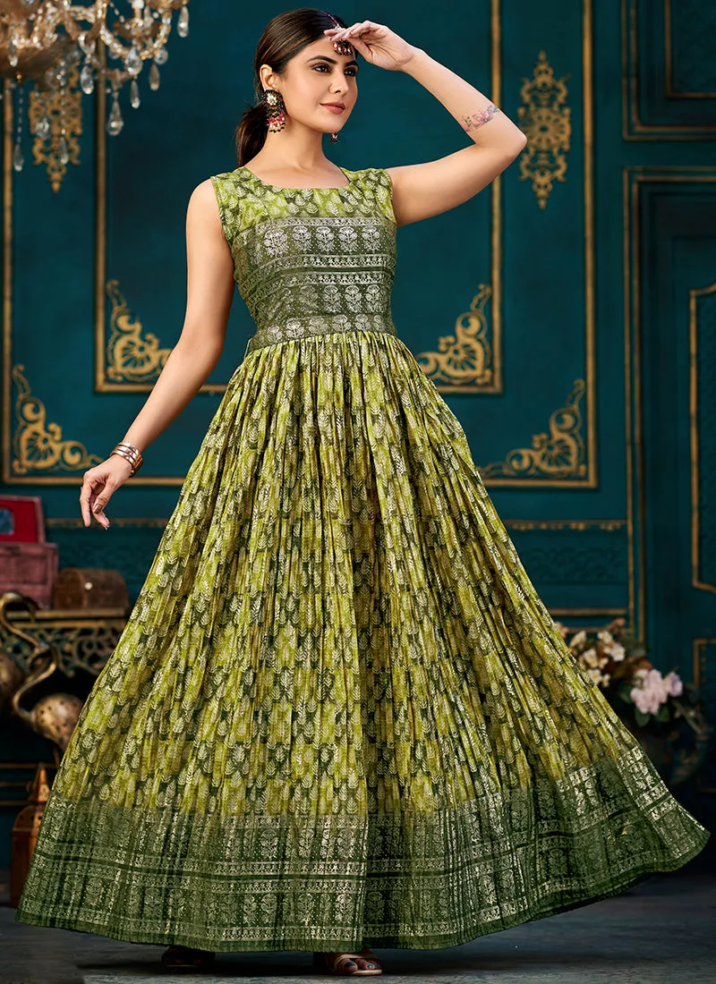 Green Printed Traditional Anarkali Gown