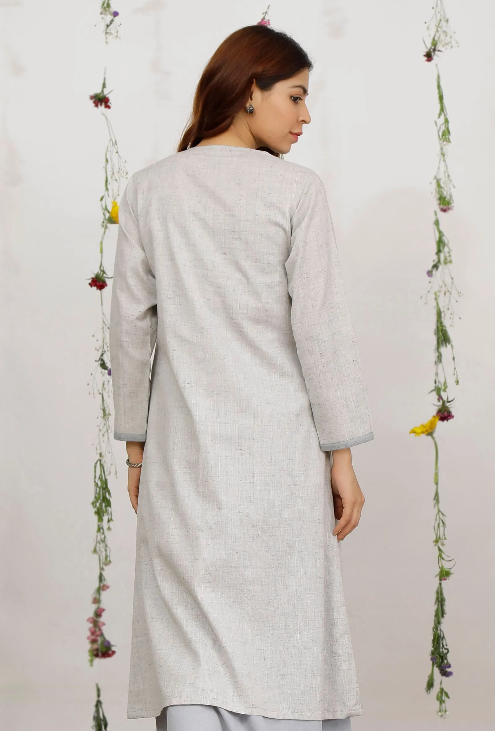 Grey and Powder Blue Straight Side Tie-up Cotton Khaadi Kurta