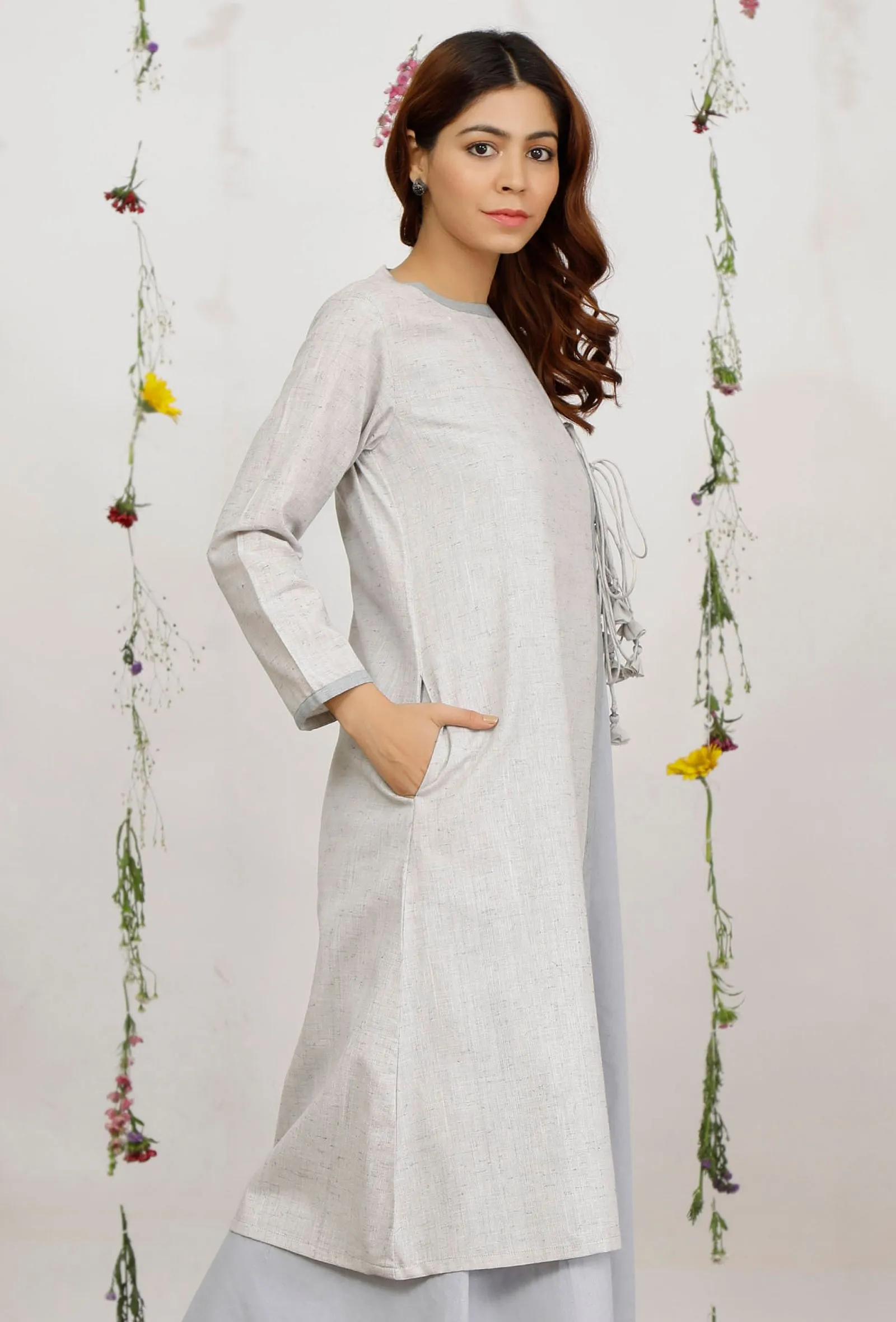 Grey and Powder Blue Straight Side Tie-up Cotton Khaadi Kurta