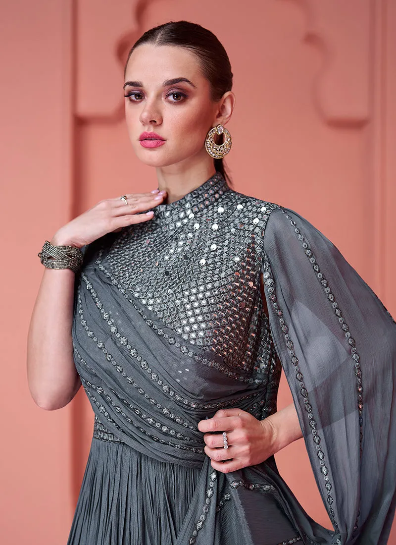 Grey Mirror Work Embroidery Saree Style Anarkali Gown