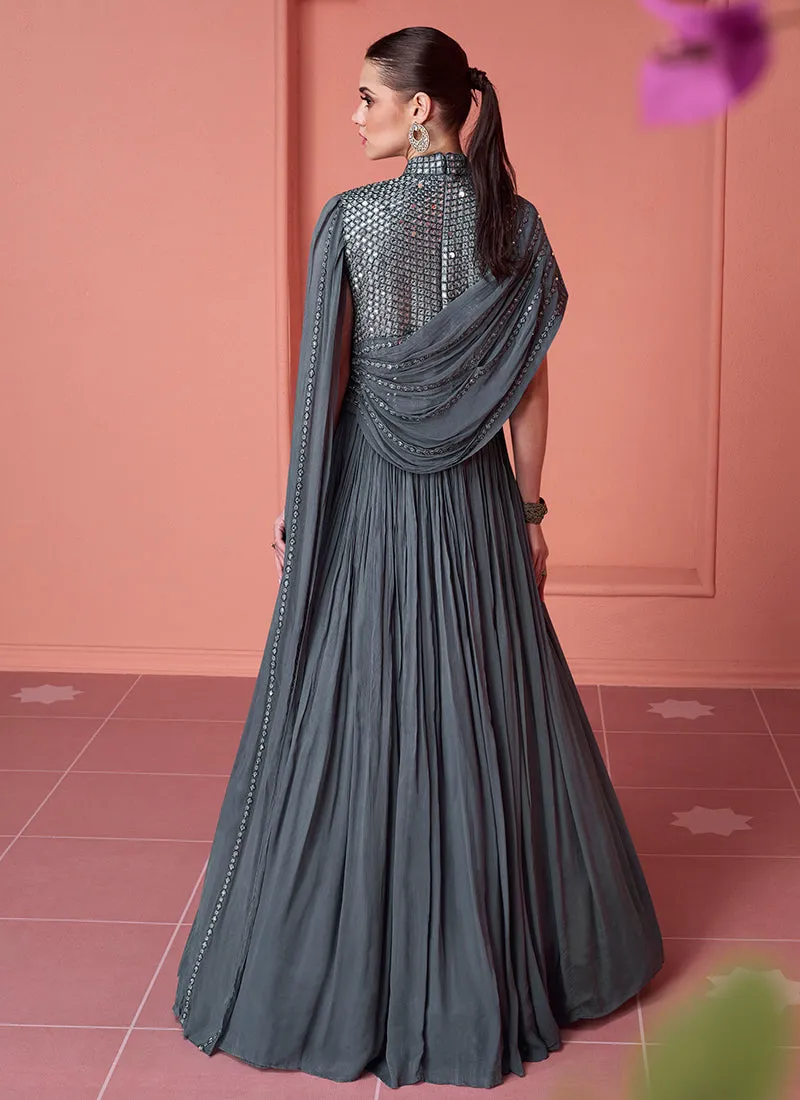 Grey Mirror Work Embroidery Saree Style Anarkali Gown