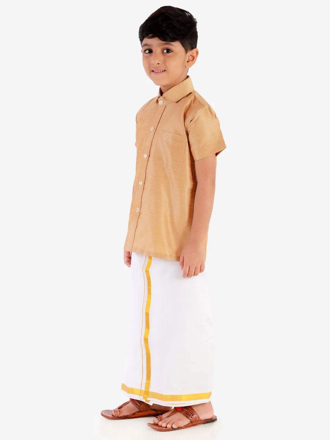 Jashvi Men's & Boys Rose Gold Solid Silk Blend Half Sleeve Ethnic Shirt And Mundu Set