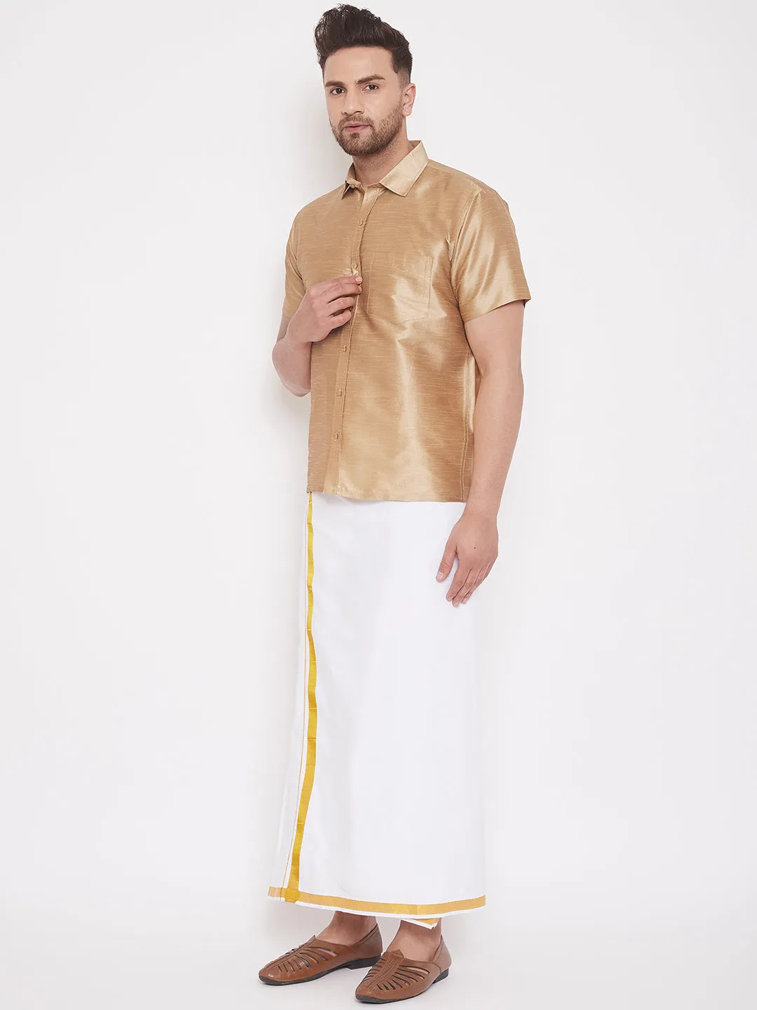 Jashvi Men's & Boys Rose Gold Solid Silk Blend Half Sleeve Ethnic Shirt And Mundu Set