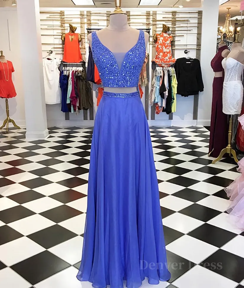 kamahe Blue two pieces beads long prom dress, blue evening dress