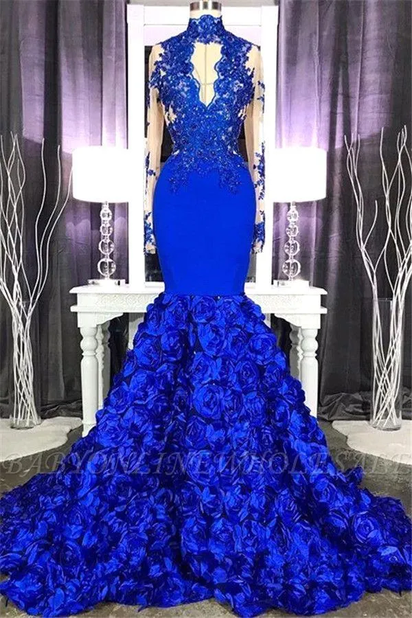 kamahe Chic Royal Blue Keyhole Flowers Train High neck Mermaid Prom Party Gowns