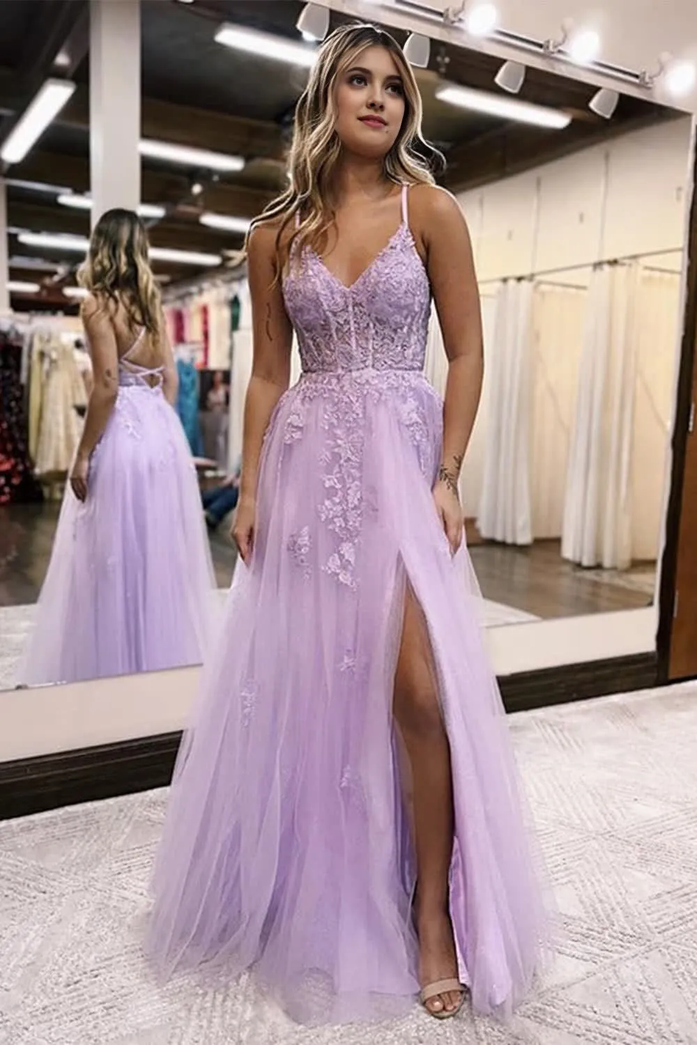 kamahe Lilac A-Line Spaghetti Straps Lace Long Prom Dress with Slit Formal Evening Dresses