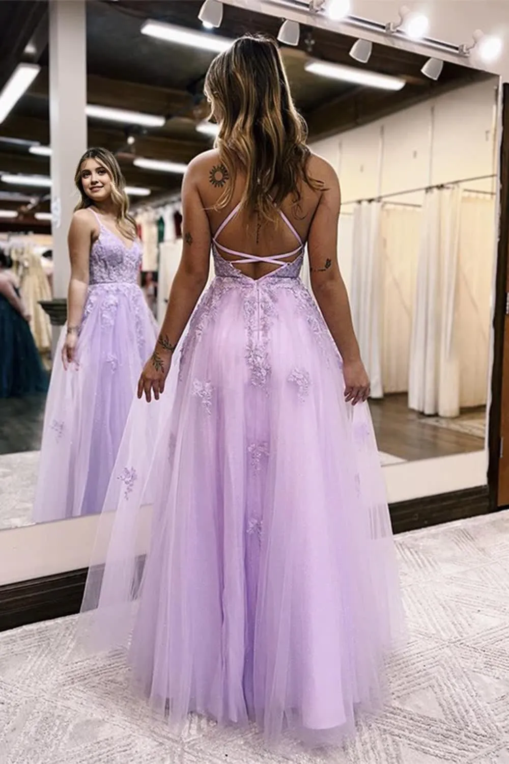 kamahe Lilac A-Line Spaghetti Straps Lace Long Prom Dress with Slit Formal Evening Dresses