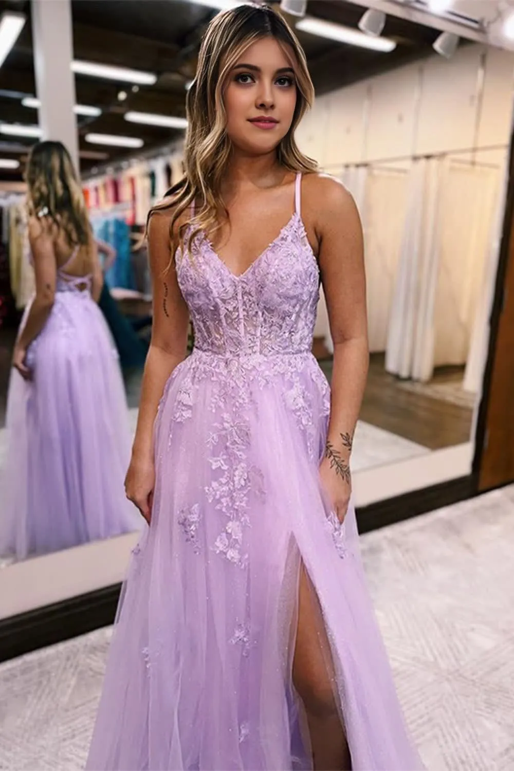 kamahe Lilac A-Line Spaghetti Straps Lace Long Prom Dress with Slit Formal Evening Dresses