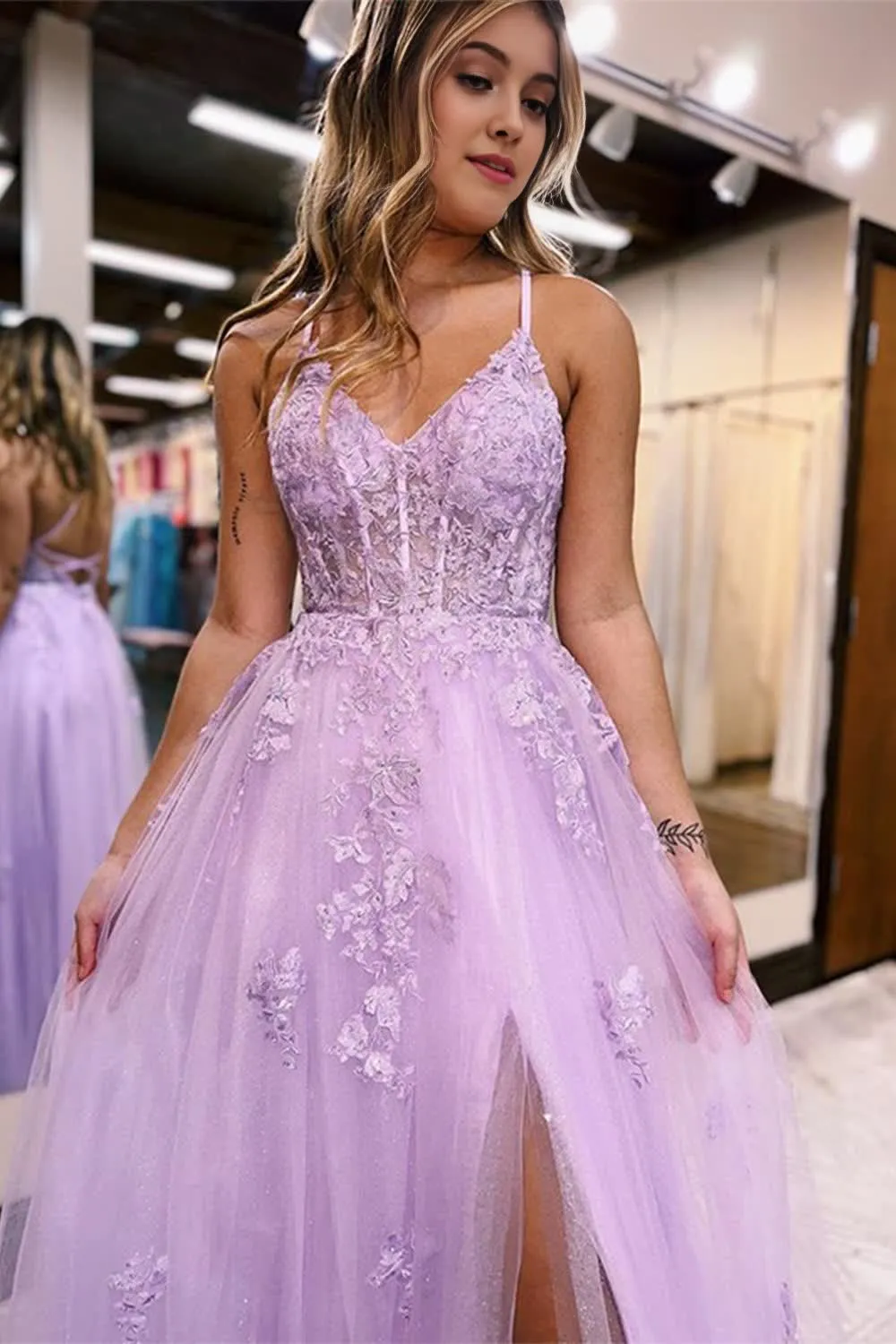 kamahe Lilac A-Line Spaghetti Straps Lace Long Prom Dress with Slit Formal Evening Dresses