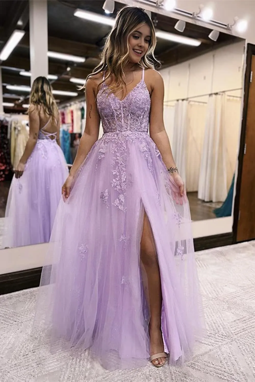 kamahe Lilac A-Line Spaghetti Straps Lace Long Prom Dress with Slit Formal Evening Dresses