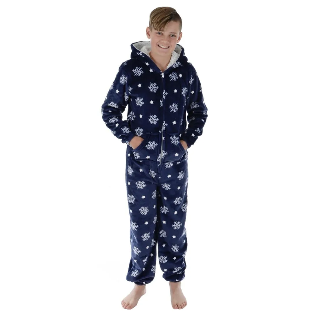 Kids All in One Pyjamas Snowflake Fleece Hooded Sleep Suit