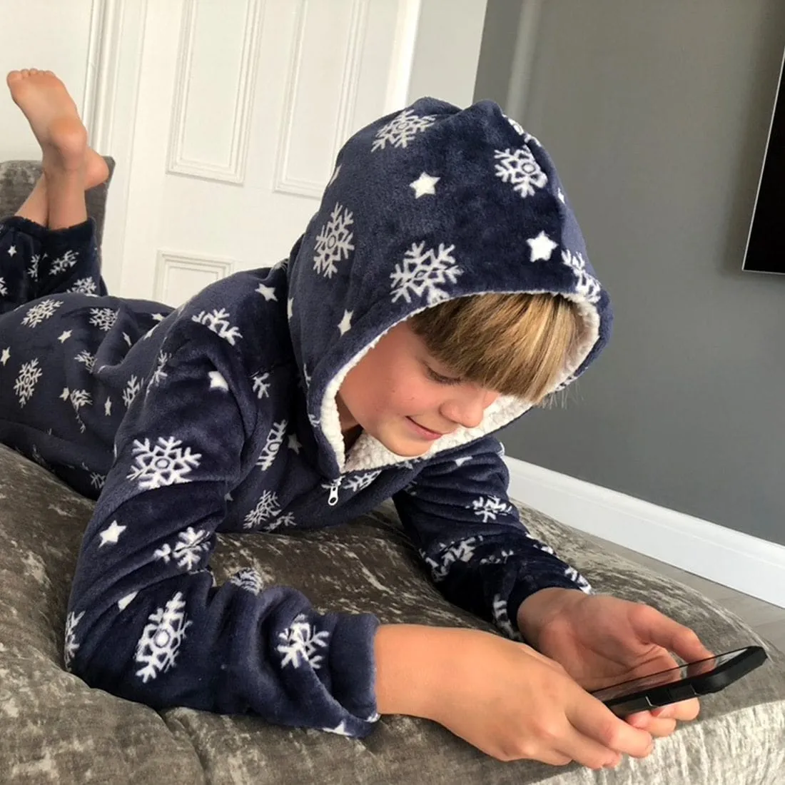 Kids All in One Pyjamas Snowflake Fleece Hooded Sleep Suit