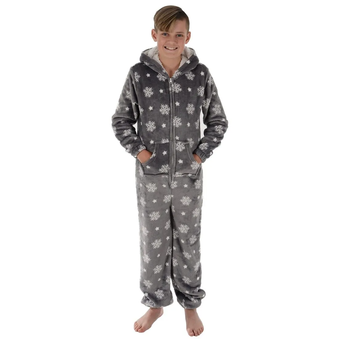 Kids All in One Pyjamas Snowflake Fleece Hooded Sleep Suit