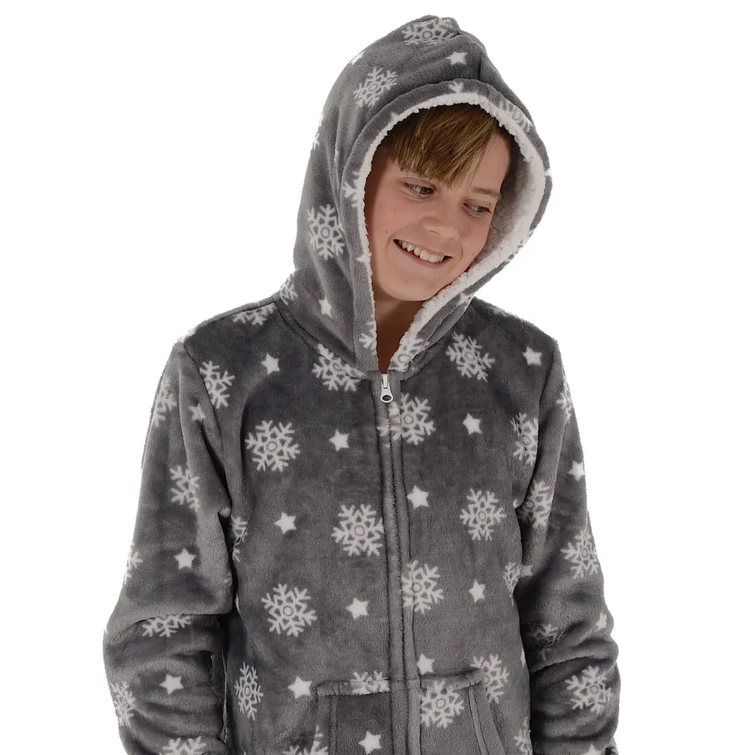 Kids All in One Pyjamas Snowflake Fleece Hooded Sleep Suit